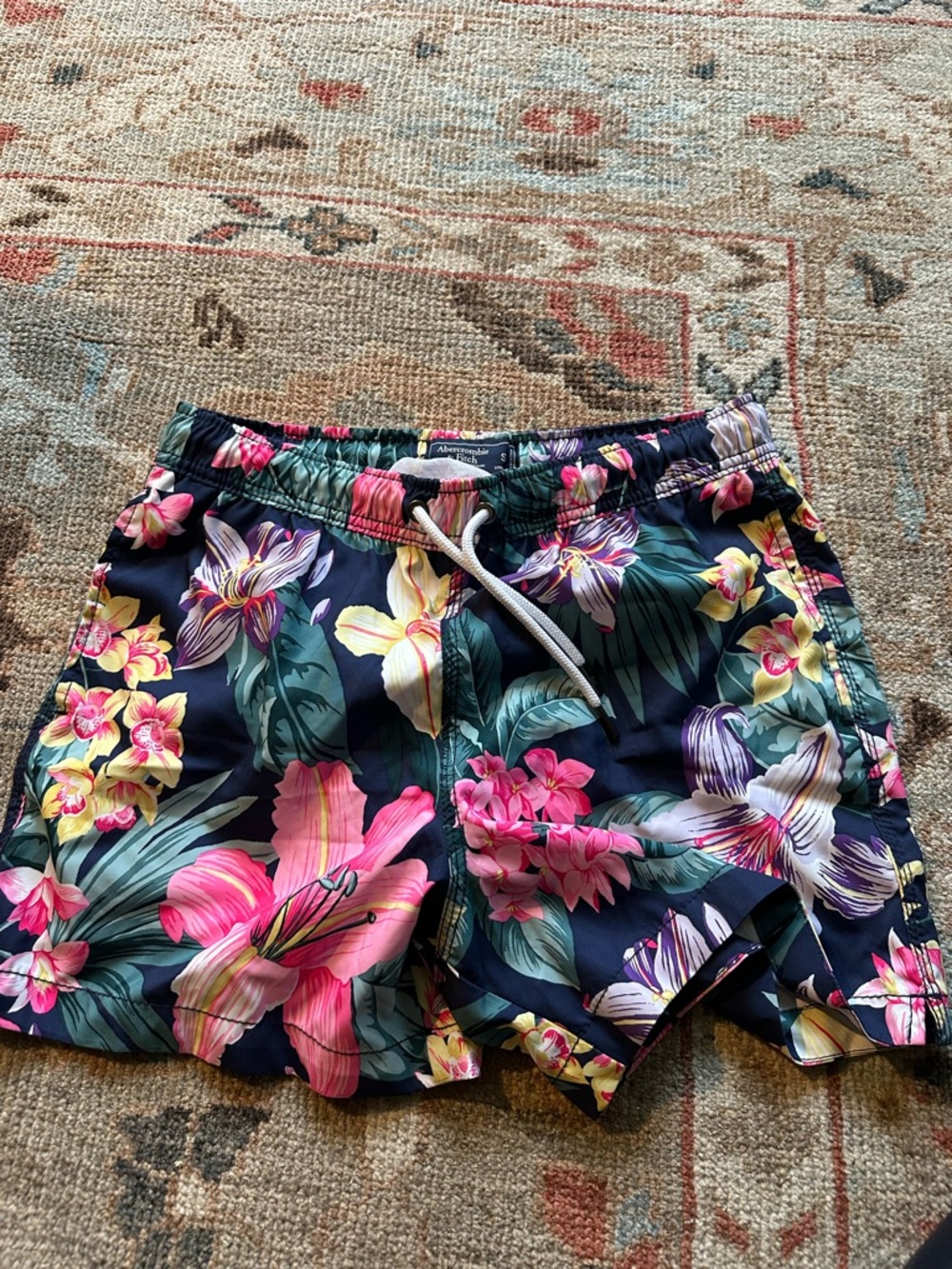 Abercrombie & Fitch Navy Floral Swim Shorts with Pink, Yellow & Purple Accents